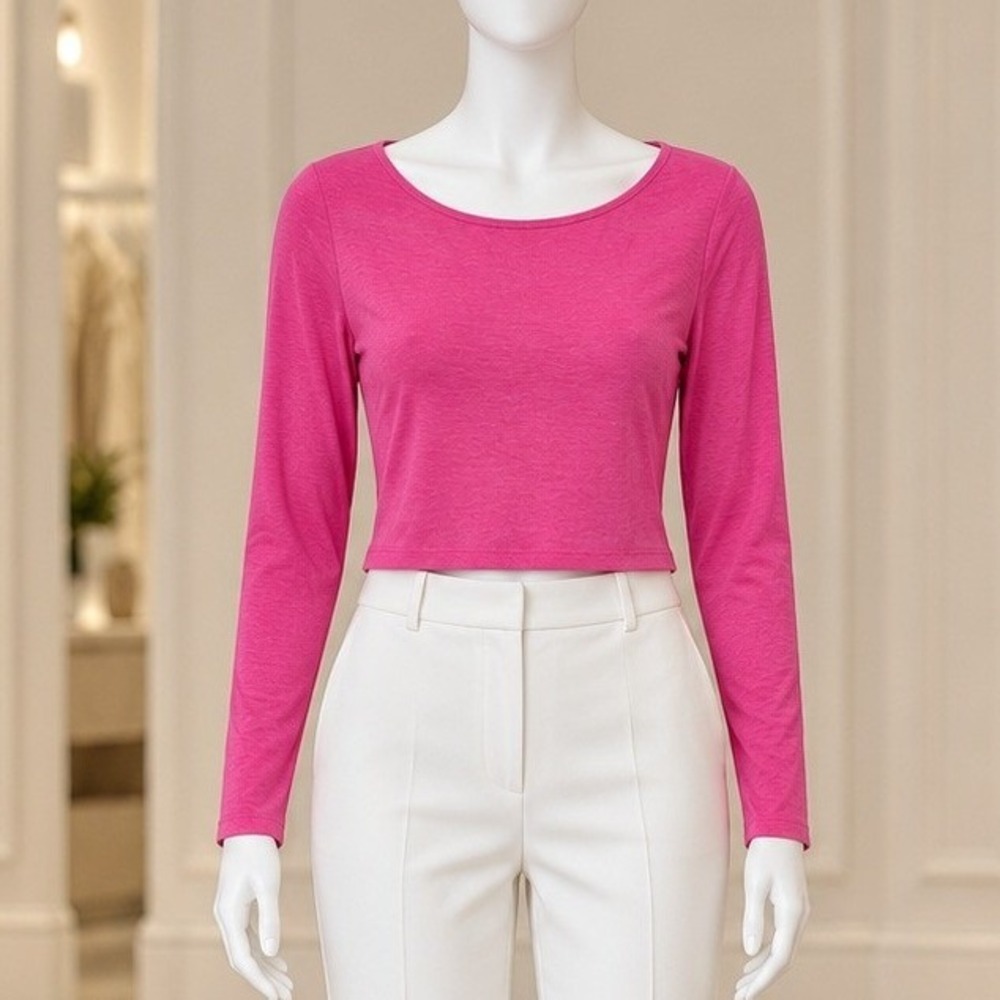 Gap Womens Crop Top Pink Linen Blend Long Sleeve Scoop Neck Medium